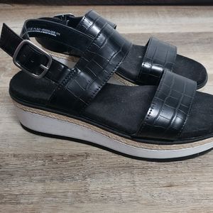 Baretraps Tac Black Faux Leather Alligator Print Cork White Wedge Leather Sandal